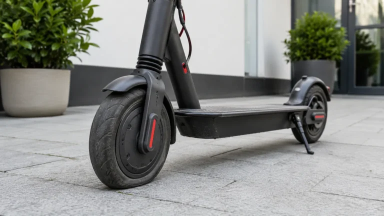 Nahaufnahme des Vorderrads eines schwarzen E-Scooters auf Pflaster, Reifen im Fokus