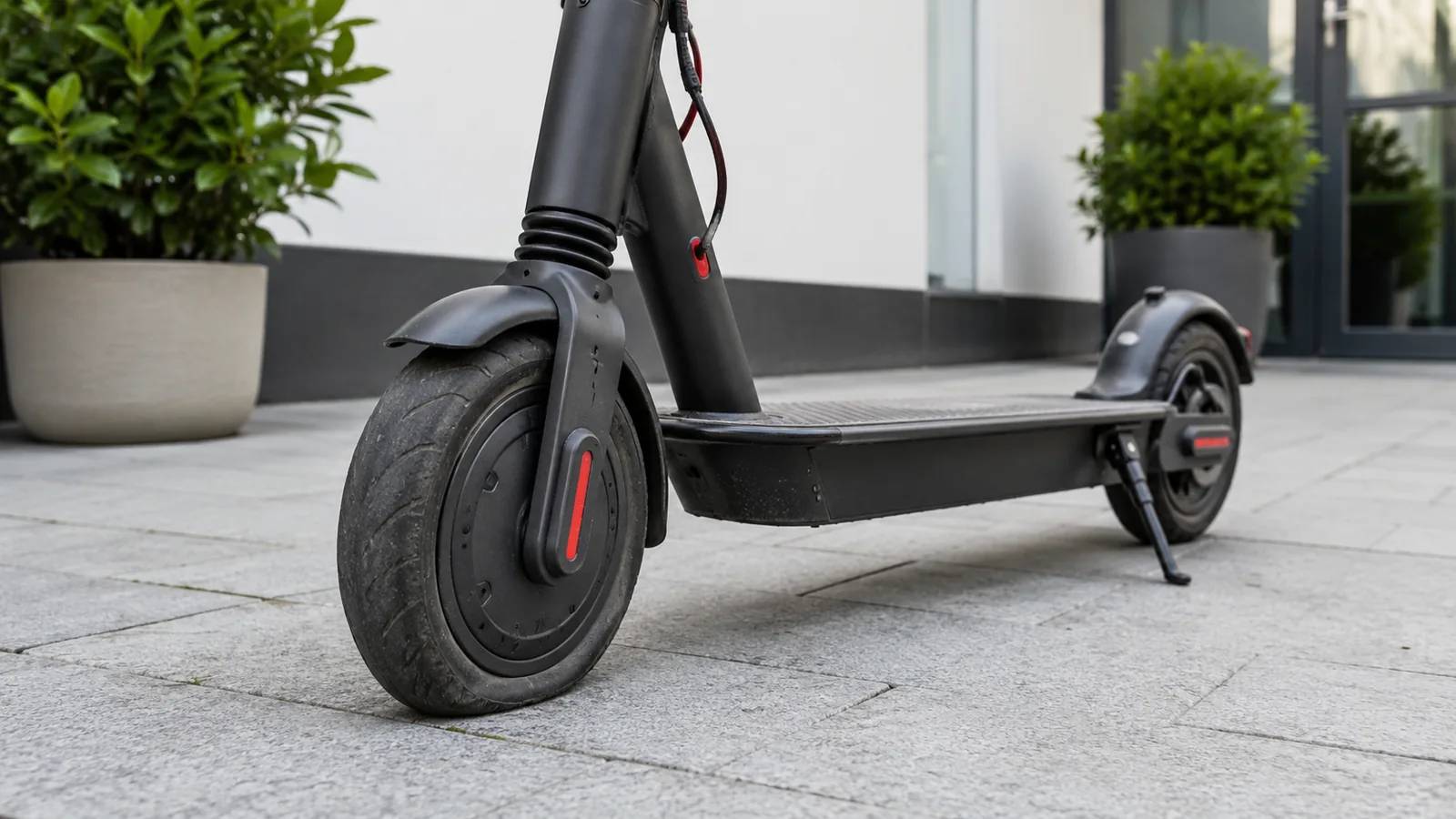 Nahaufnahme des Vorderrads eines schwarzen E-Scooters auf Pflaster, Reifen im Fokus