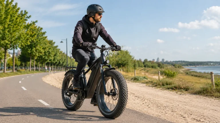 Erwachsene Person fährt ein E-Fatbike mit breiten Reifen am Übergang zwischen Radweg und festem Naturweg