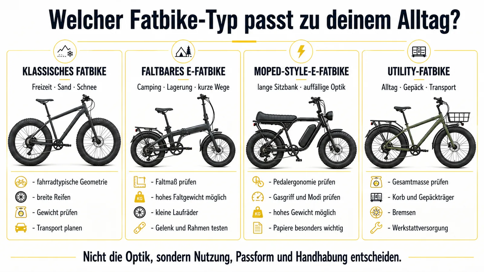 Vergleich von klassischem, faltbarem, mopedähnlichem und Utility-E-Fatbike