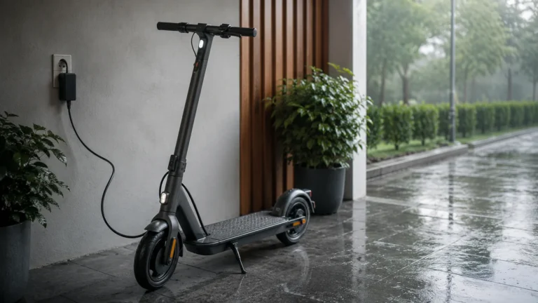 Schwarzer E-Scooter lädt bei Regen an einer Außensteckdose, Feuchtigkeit am Ladegerät