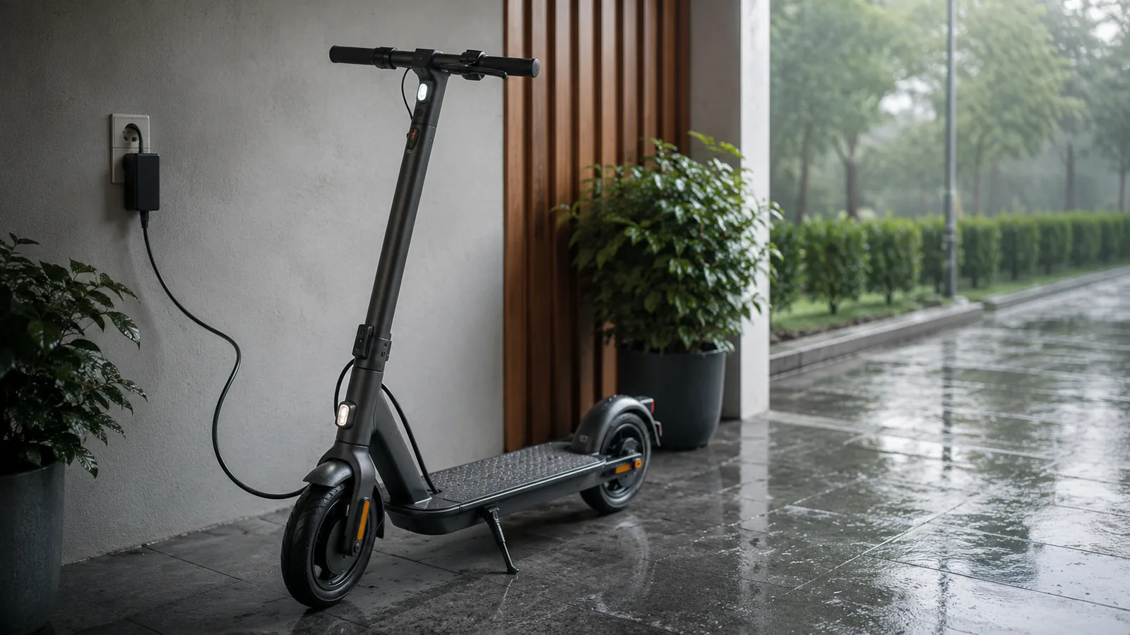 Schwarzer E-Scooter lädt bei Regen an einer Außensteckdose, Feuchtigkeit am Ladegerät