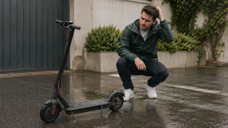 Ratloser Mann in Regenjacke hockt neben nassem E-Scooter auf feuchtem Boden nach dem Regen
