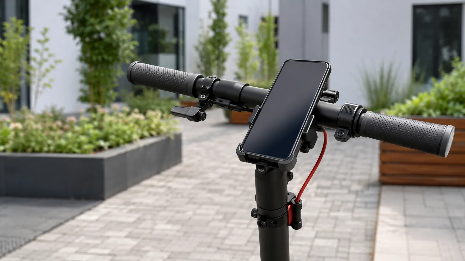 E-Scooter-Lenker mit montiertem Smartphone am Display, Firmware-Prüfung ohne lesbaren Text