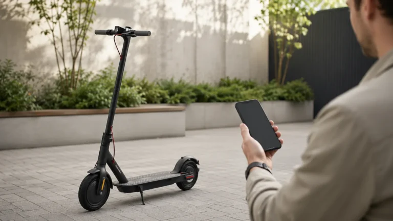 E-Scooter auf gepflastertem Hof, Person hält Smartphone mit dunklem Display zur Firmware-Verbindung