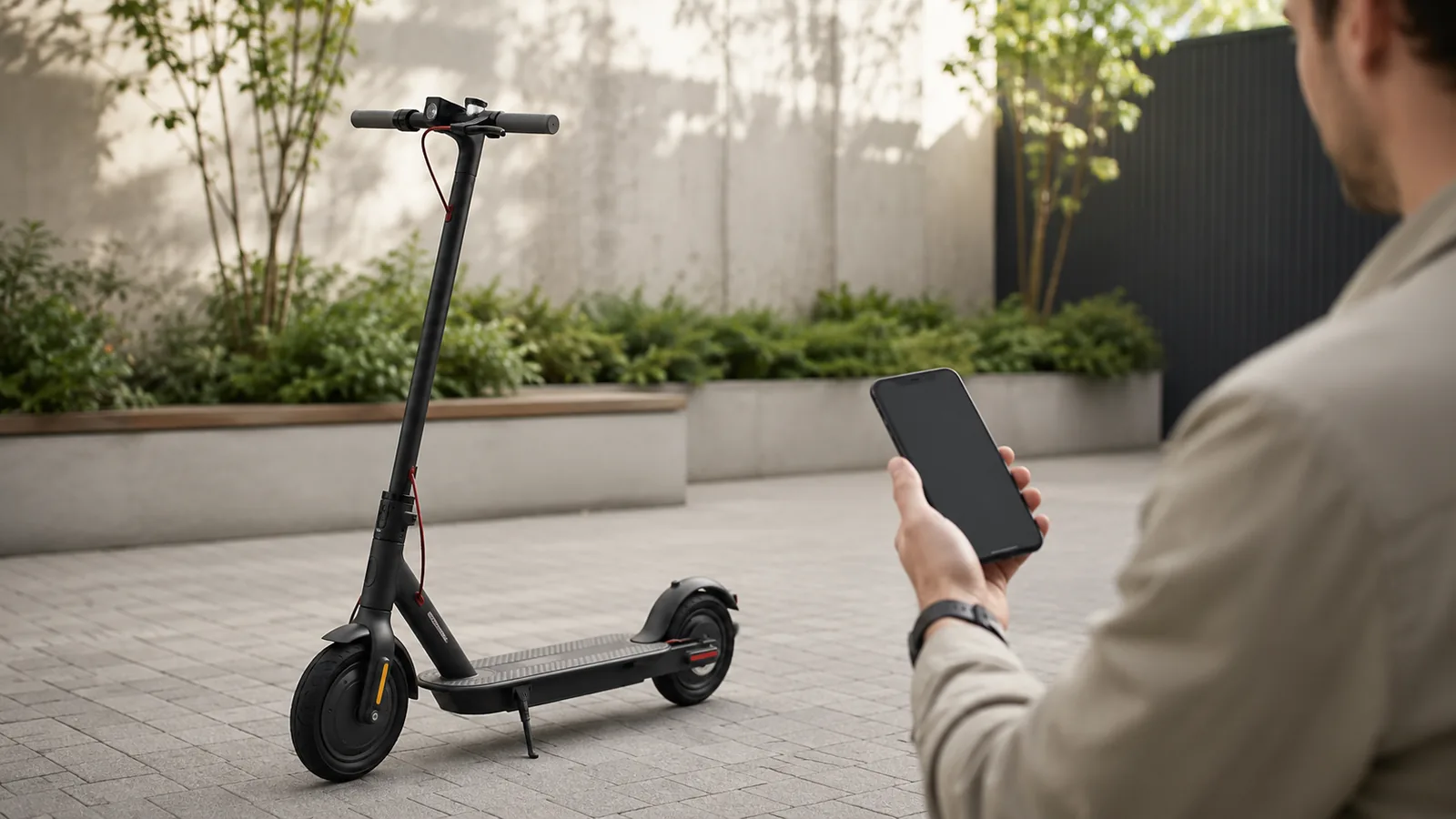 E-Scooter auf gepflastertem Hof, Person hält Smartphone mit dunklem Display zur Firmware-Verbindung