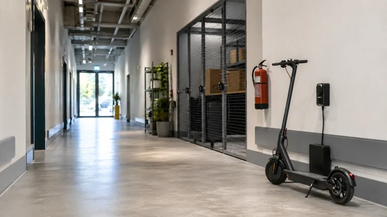 E-Scooter lädt in einem Innenflur neben Feuerlöscher und Fluchtwegtür am Ende des Gangs