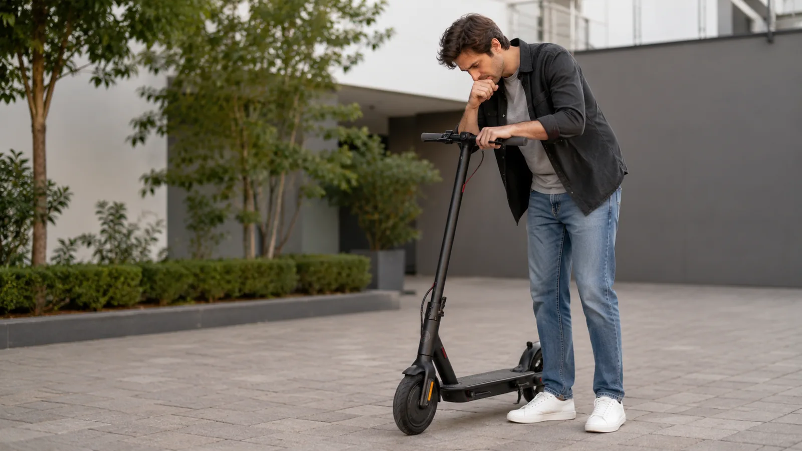 Fahrer prüft nachdenklich Display und Lenker eines E-Scooters auf neutralem Hof