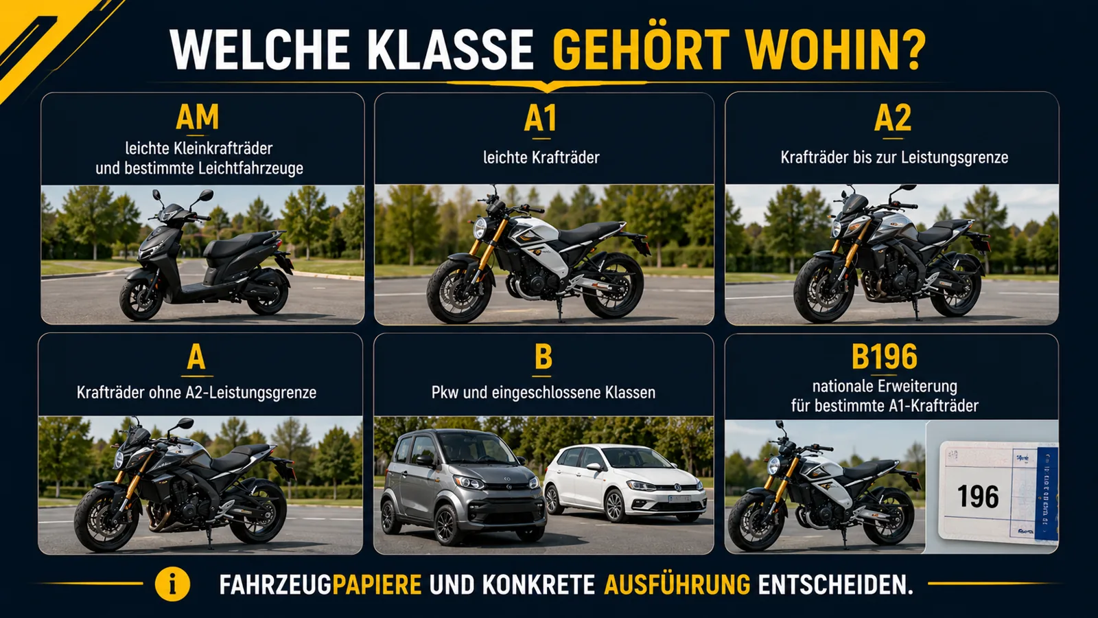 Übersicht der Fahrerlaubnisklassen AM, A1, A2, A, B und B196