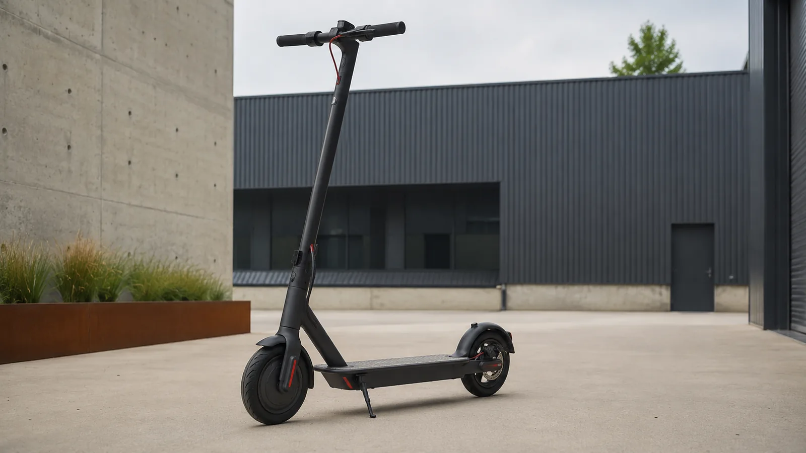 Markenloser Ninebot-ähnlicher E-Scooter auf modernem Hof
