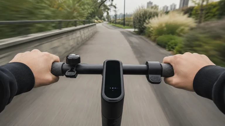 E-Scooter-Lenker mit Display und leichter Bewegungsszene im Hintergrund