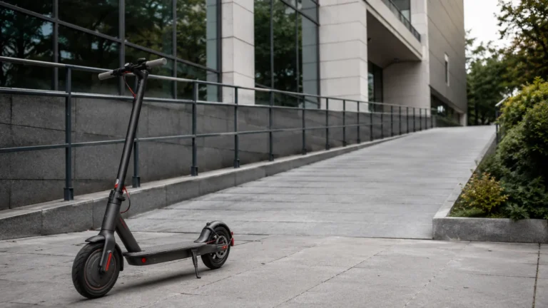 Schwarzer E-Scooter seitlich abgestellt mit sichtbaren Reifen und Bremsen, Prüfanmutung zu Gewährleistung und Verschleiß