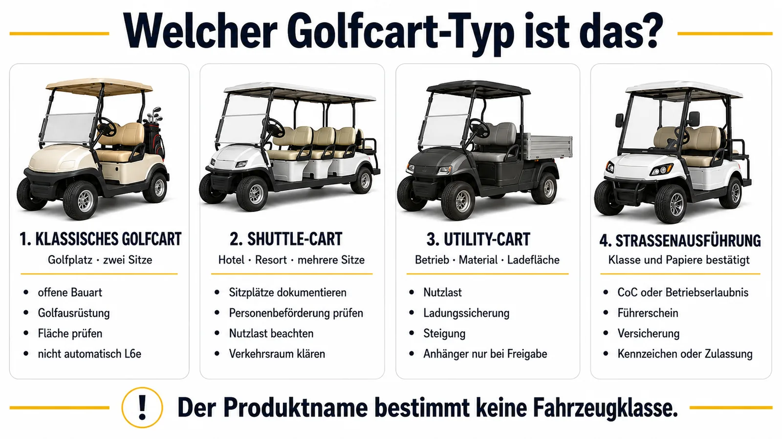 Vergleich von klassischem Golfcart, Shuttle-Cart, Utility-Cart und dokumentierter Straßenausführung