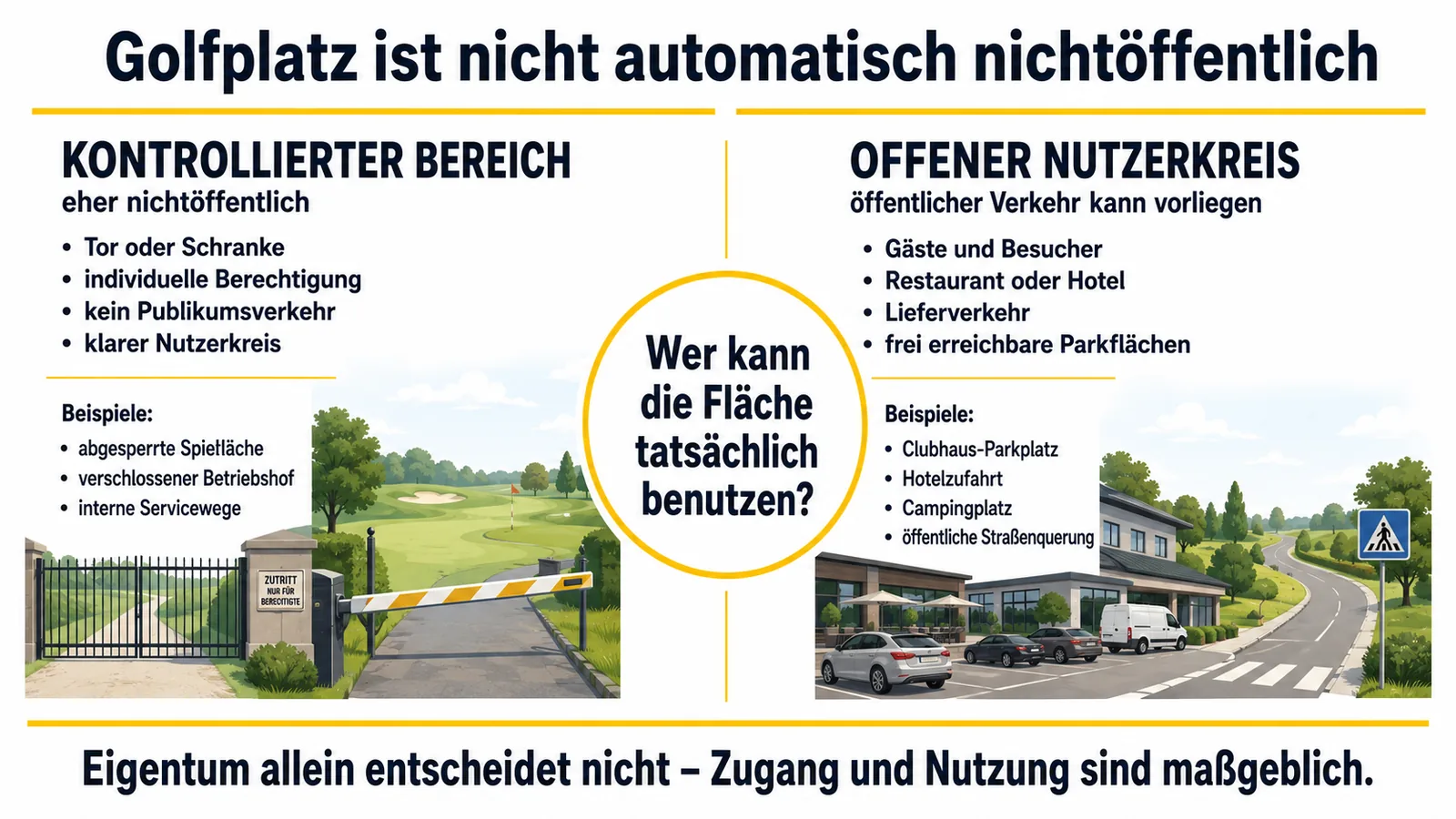 Vergleich zwischen kontrolliertem Golfplatzbereich und öffentlich zugänglichem Clubhaus-, Hotel- oder Campinggelände