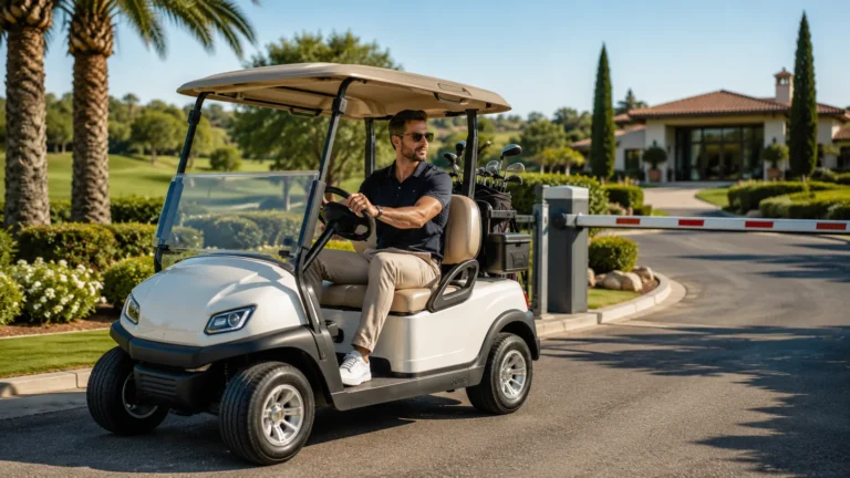 Elektrisches Golfcart auf einem kontrollierten Weg eines modernen Golf- und Resortgeländes
