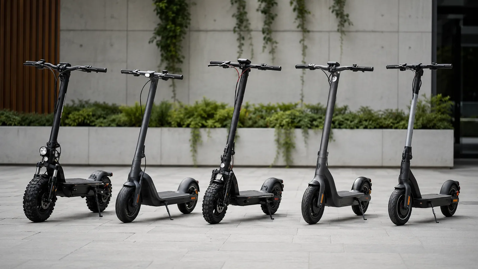 Fünf markenneutrale E-Scooter nebeneinander mit unterschiedlichen Reifen, Lenkern und Rahmen auf gepflastertem Hof