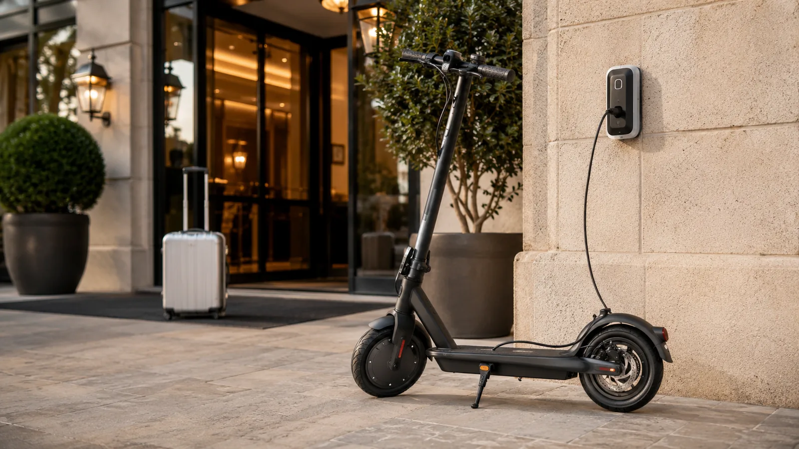 E-Scooter lädt an einer Wandbox vor einem gepflegten Hoteleingang mit Koffer
