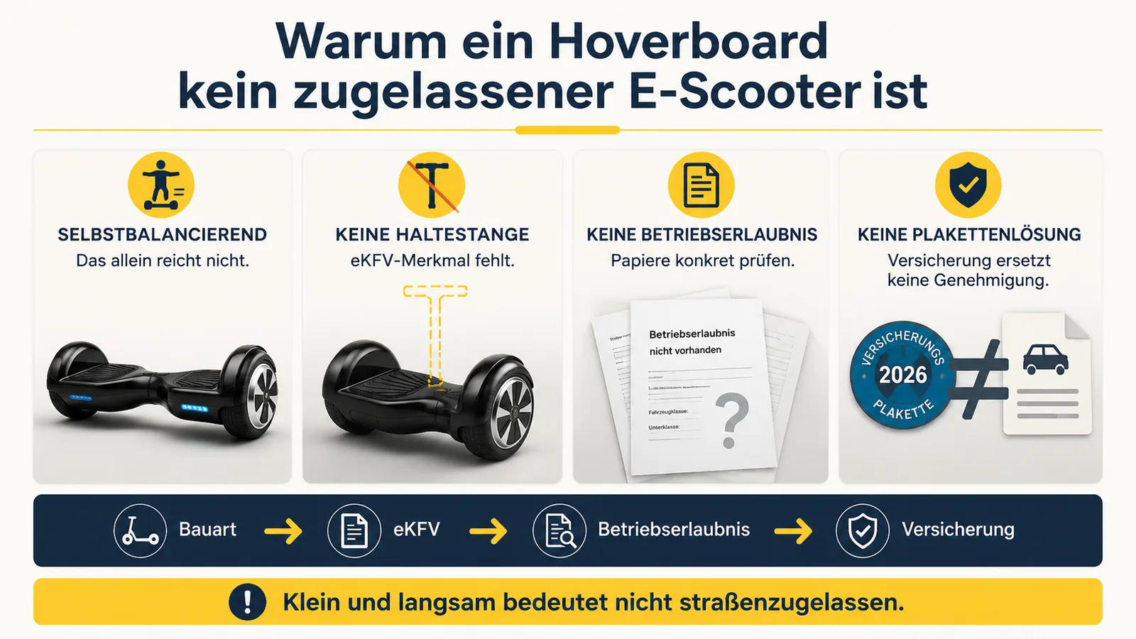Warum ein Hoverboard kein zugelassener E-Scooter ist: selbstbalancierend, keine Haltestange, keine Betriebserlaubnis, keine Plakettenlösung
