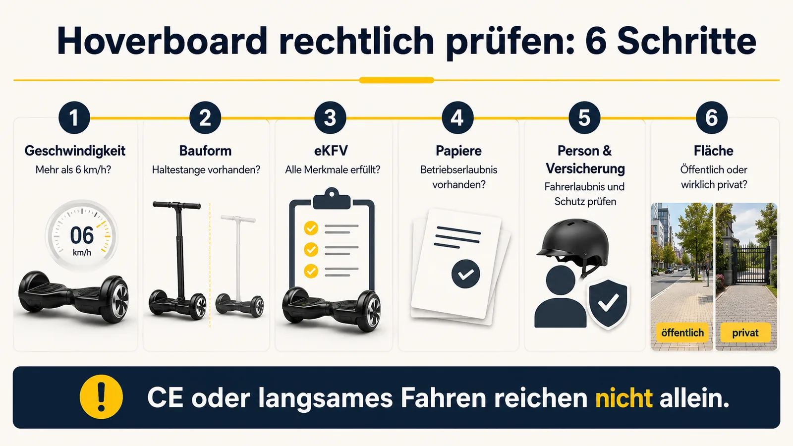 Sechs Schritte zur rechtlichen Prüfung eines Hoverboards: Geschwindigkeit, Bauform, eKFV, Papiere, Person und Versicherung sowie Fläche