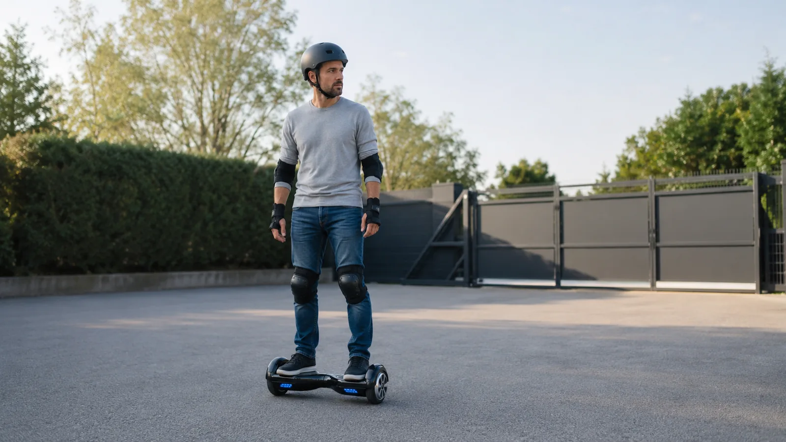 Erwachsener mit Helm und Protektoren faehrt Hoverboard auf einer abgesperrten privaten Flaeche