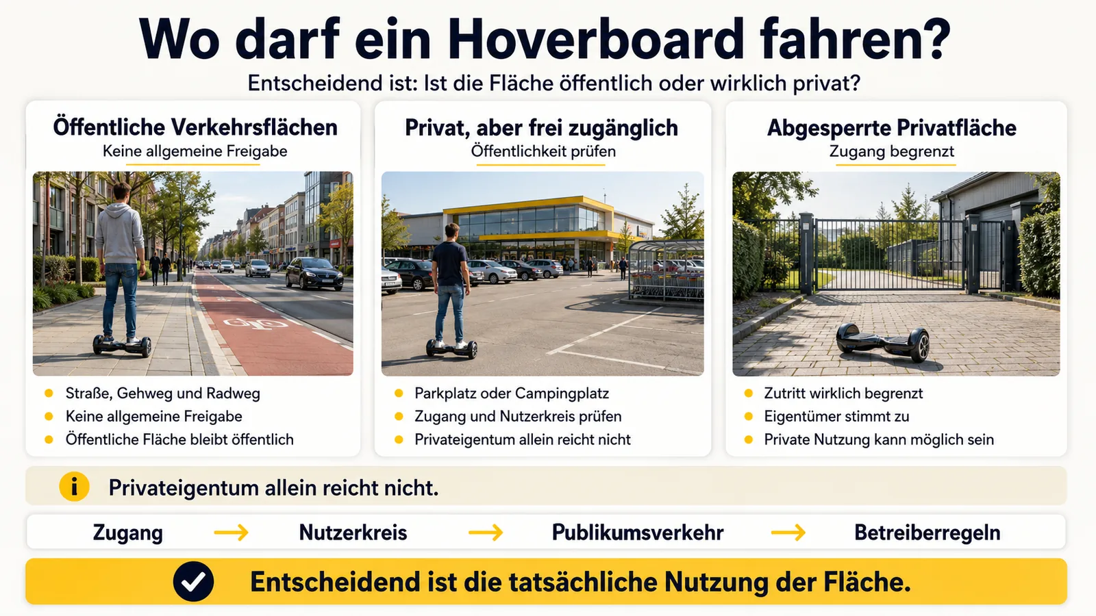 Wo ein Hoverboard fahren darf: öffentliche Verkehrsflächen ohne allgemeine Freigabe, frei zugängliche Privatflächen mit Öffentlichkeitsprüfung und abgesperrte Privatflächen mit begrenztem Zugang