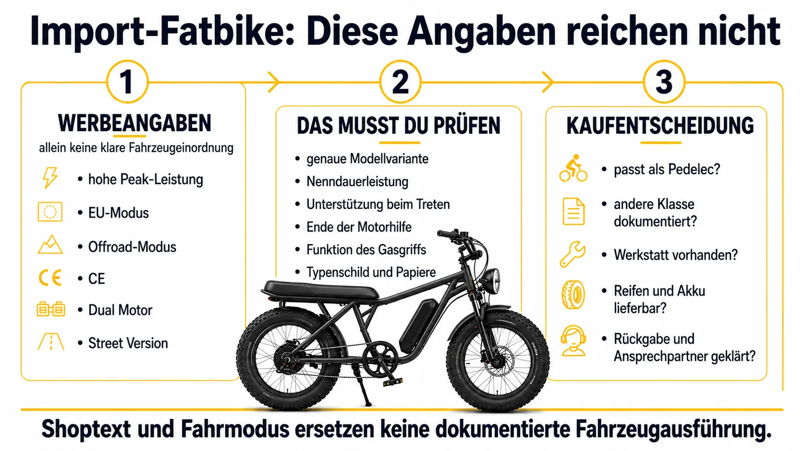 Prüfung eines Import-E-Fatbikes von Werbeangaben über Fahrzeugdaten bis zu Service und Kaufentscheidung