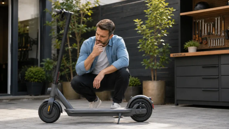 Mann hockt nachdenklich neben E-Scooter vor einer Werkzeugwand und überlegt Reparatur