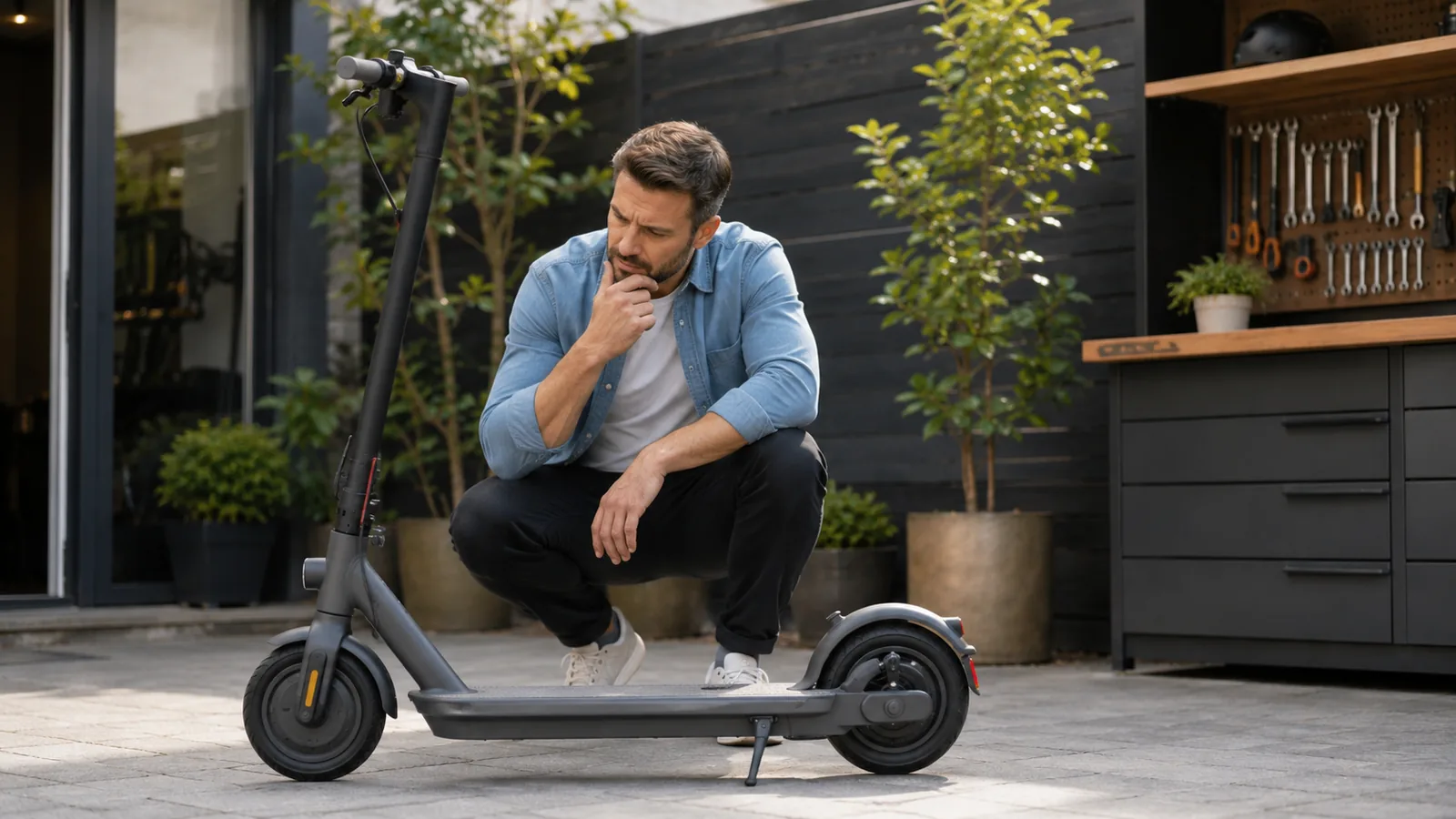 Mann hockt nachdenklich neben E-Scooter vor einer Werkzeugwand und überlegt Reparatur