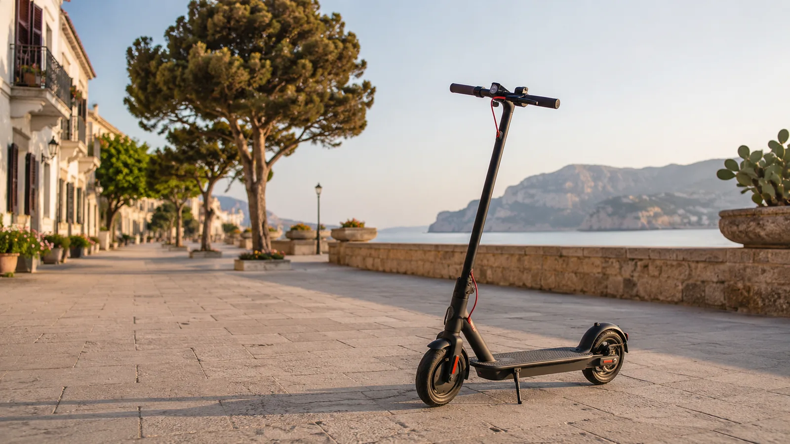 E-Scooter in südeuropäischer Stadt- und Promenadenumgebung