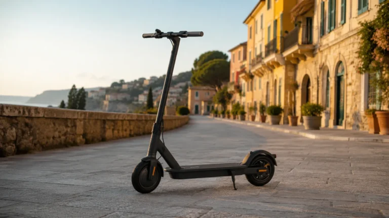 E-Scooter auf urbaner Testfläche mit italienischer Anmutung bei warmem Licht
