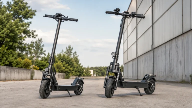 Zwei moderne E-Scooter auf neutralem Gelände als Beispiel für Joyor S5 und S5 Pro im Vergleich