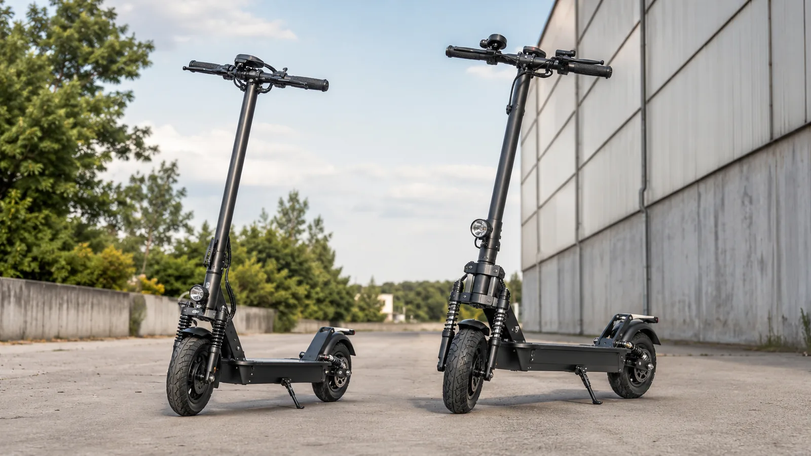 Zwei moderne E-Scooter auf neutralem Gelände als Beispiel für Joyor S5 und S5 Pro im Vergleich