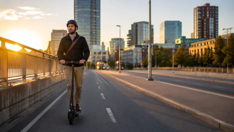 Junger Pendler fährt E-Scooter auf Stadtbrücke bei Sonnenaufgang