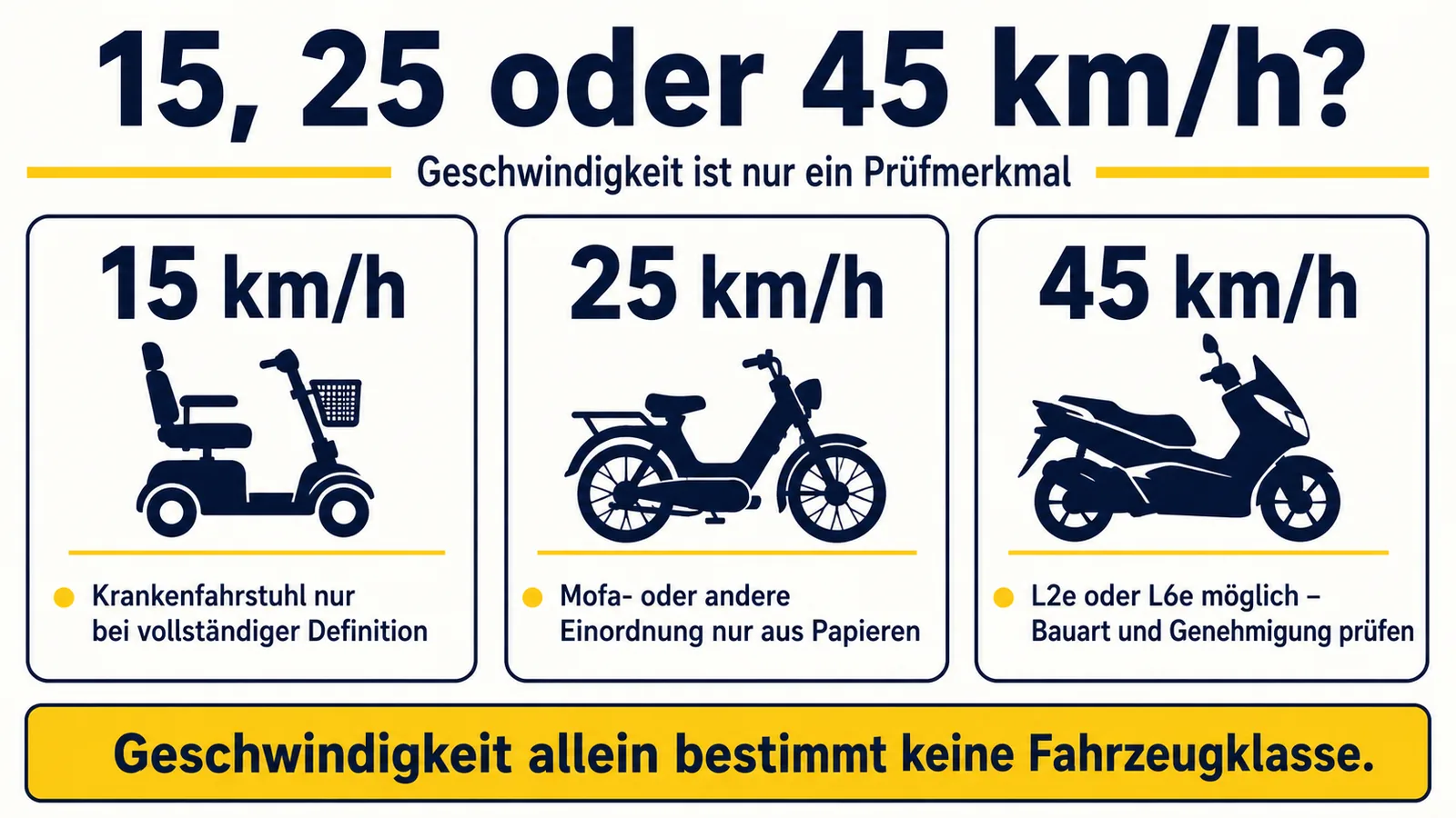Vergleichsgrafik: Kabinenroller mit 15, 25 oder 45 km/h und die jeweils zugeordnete Fahrzeugklasse und Führerscheinpflicht