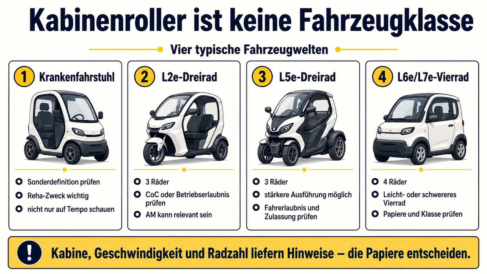 Erklärgrafik: Kabinenroller ist keine Fahrzeugklasse, sondern eine Bauform, die je nach Tempo unter L2e, L6e oder L5e fällt