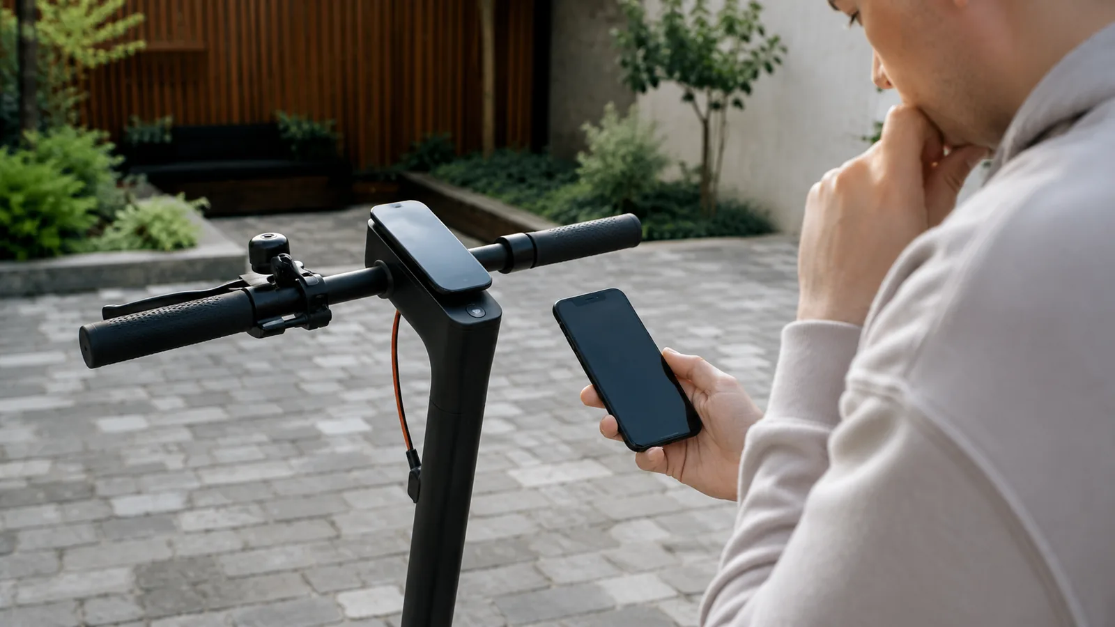 Person prüft nachdenklich das Display am E-Scooter-Lenker und hält ein Smartphone, Sorge vor Schaden