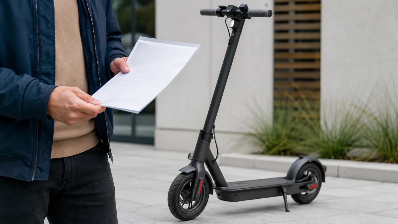 Mann hält ein Blatt Papier in der Hand neben einem schwarzen E-Scooter vor einem Gebäude