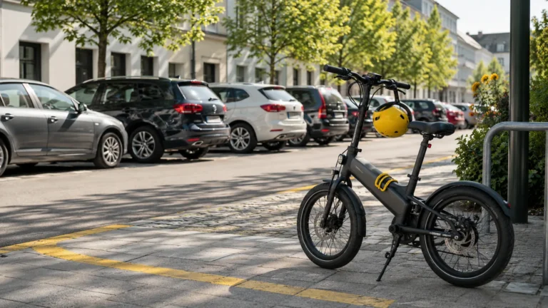 Auto sucht Parkplatz in der Stadt während E-Scooter und Fahrrad als Alternativen bereitstehen
