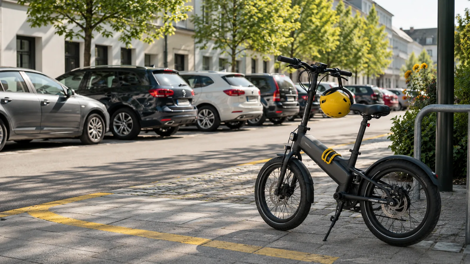 Auto sucht Parkplatz in der Stadt während E-Scooter und Fahrrad als Alternativen bereitstehen