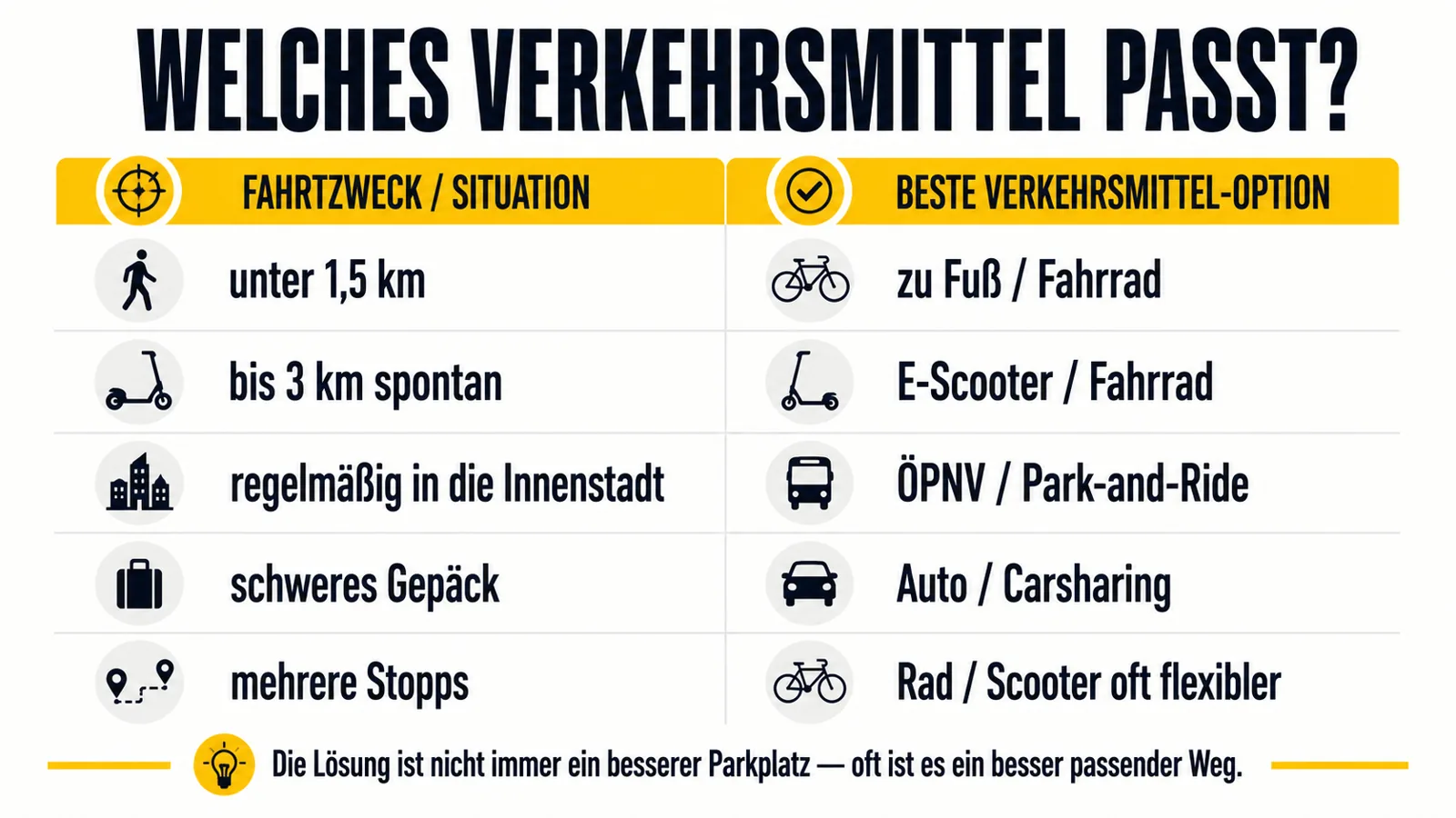 Infografik zur Wahl des passenden Verkehrsmittels bei Parkplatzproblemen in der Stadt