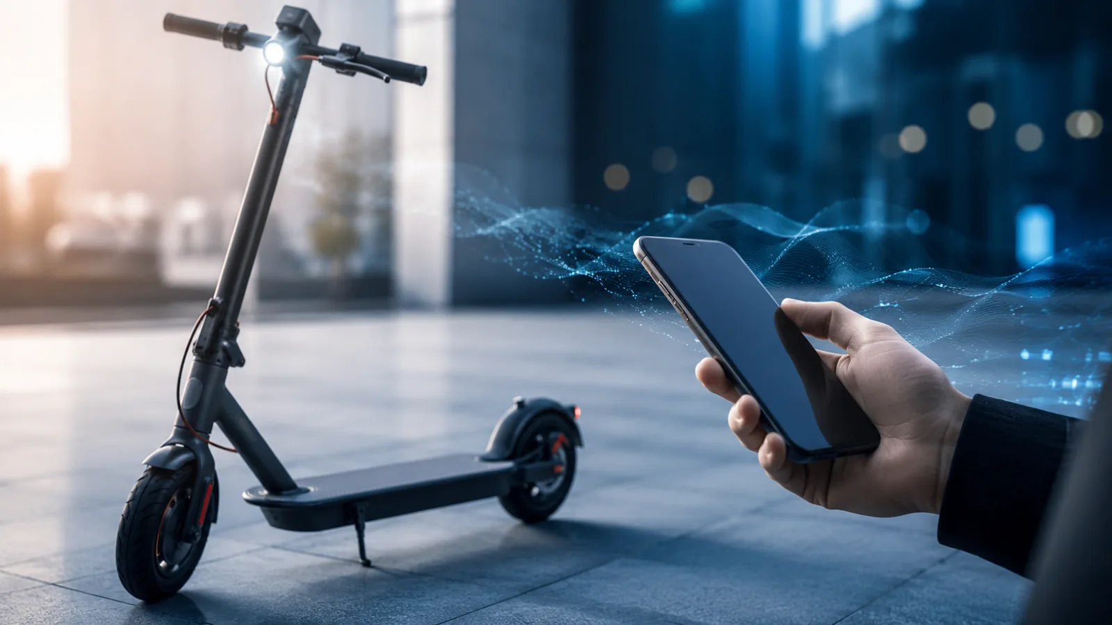 E-Scooter und Hand mit Smartphone, abstrakte blaue Digital-Partikel als KI-Technik-Anmutung