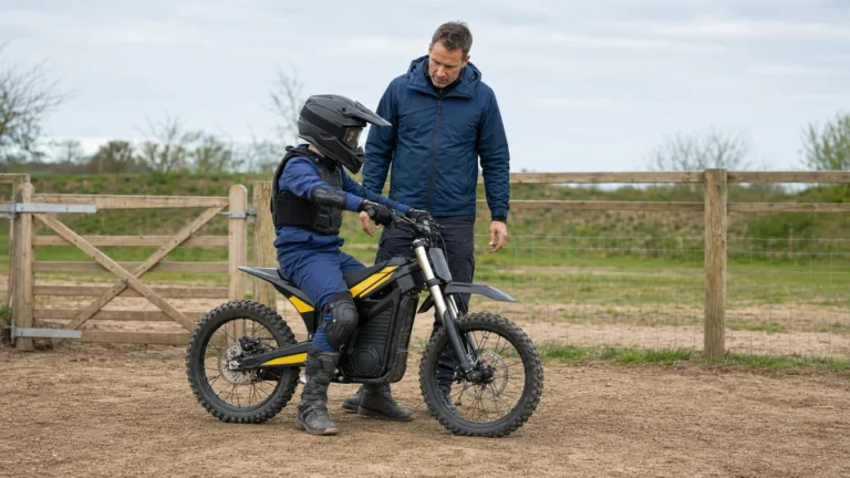 Vater begleitet Kind in voller Schutzausrüstung auf einem Kinder-E-Crossbike auf umzäuntem Privatgelände