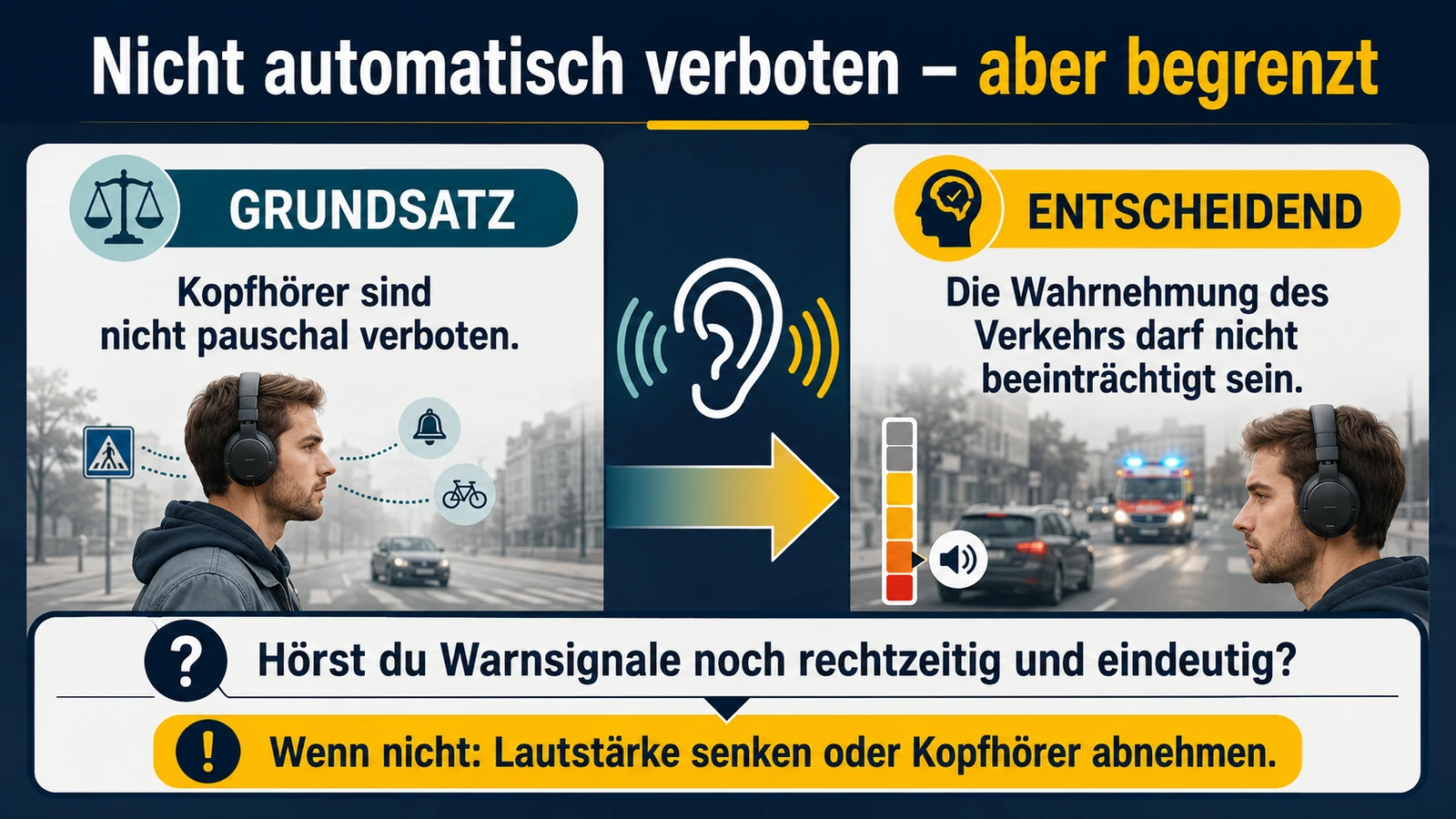 Infografik: Kopfhörer nicht automatisch verboten, aber die Wahrnehmung des Verkehrs darf nicht beeinträchtigt sein