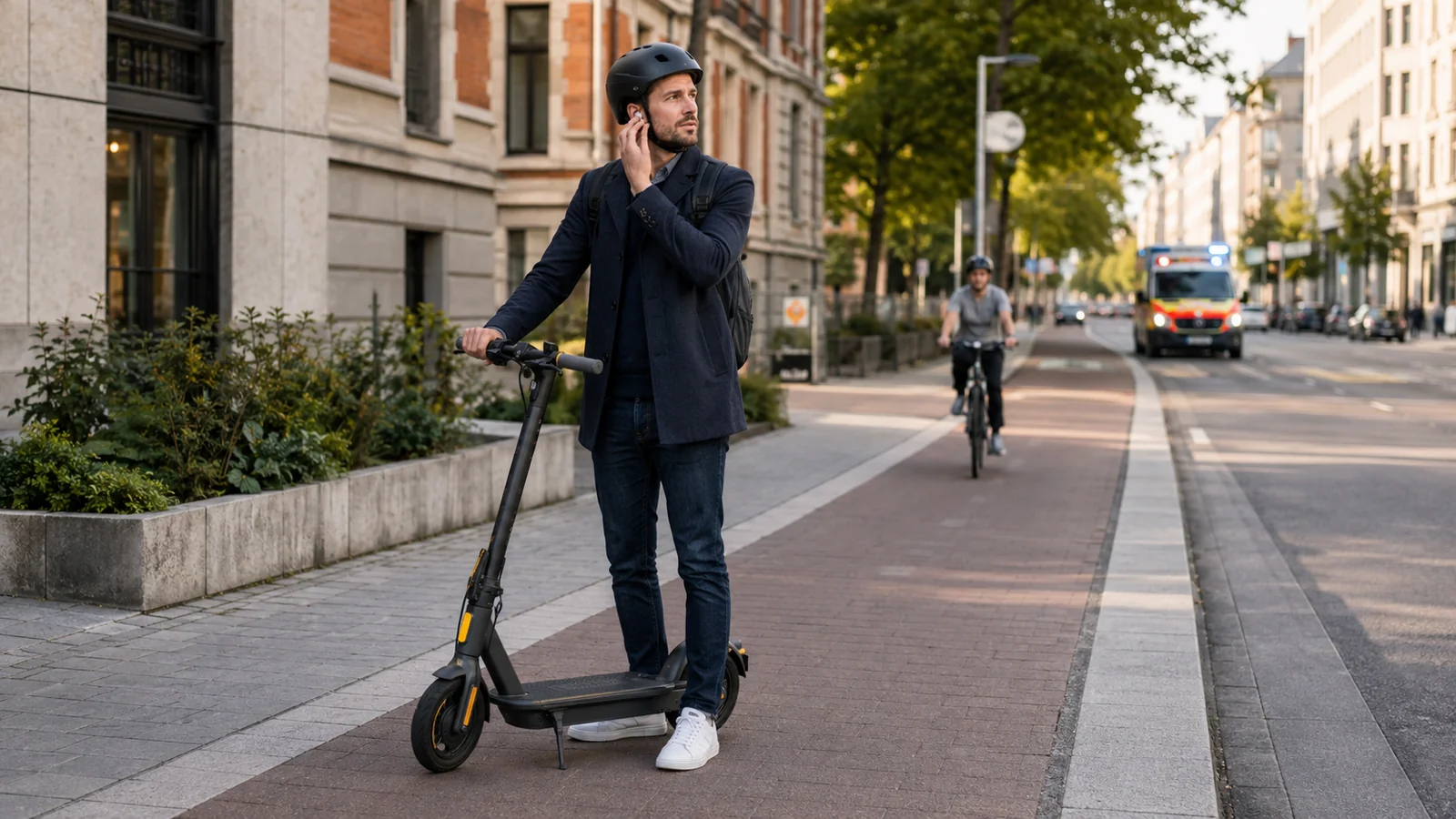 Mann mit Kopfhörern auf einem E-Scooter im städtischen Radweg