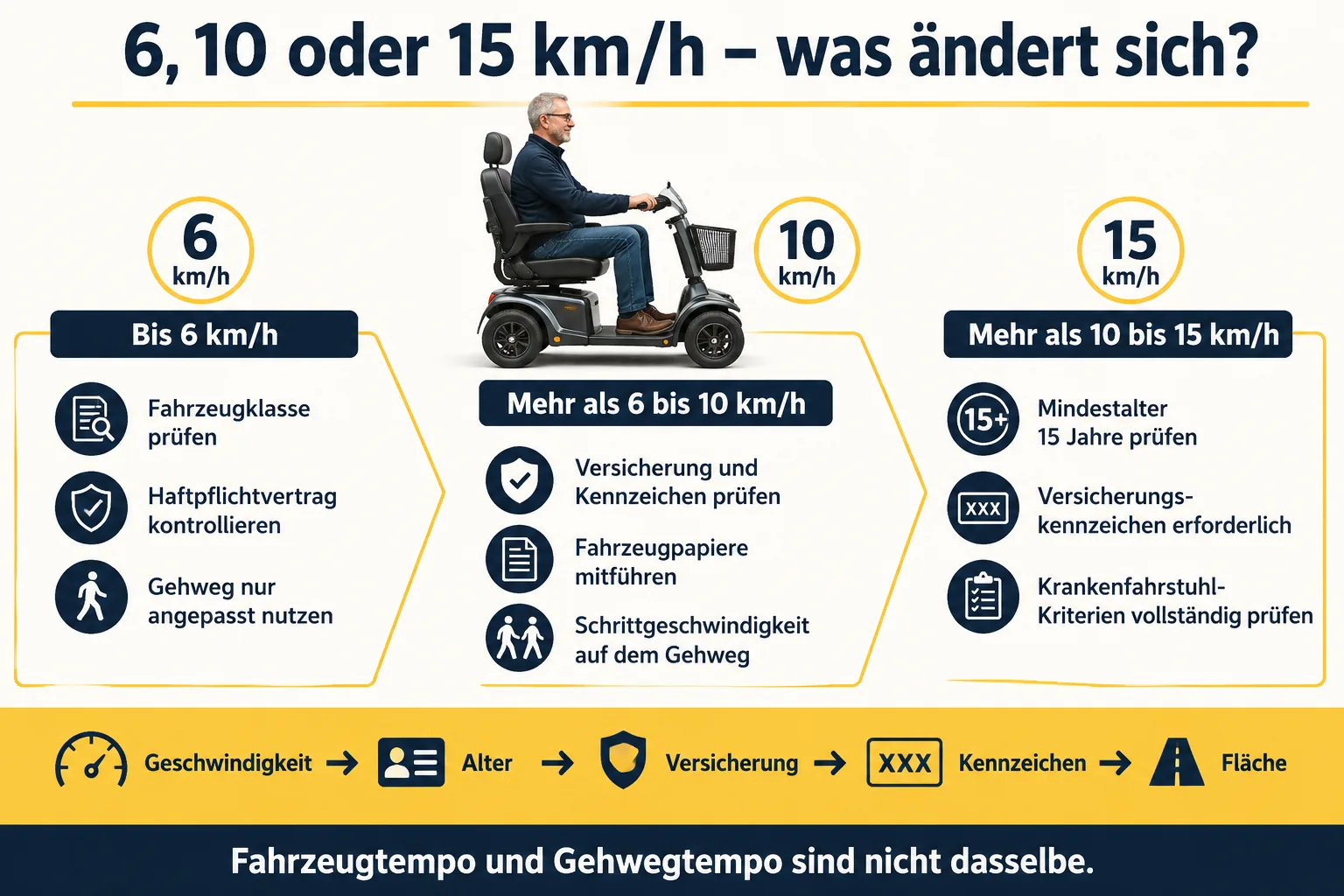 Infografik: 6, 10 oder 15 km/h beim Krankenfahrstuhl – Versicherungskennzeichen ab mehr als 6 km/h, Mindestalter 15 ab mehr als 10 km/h