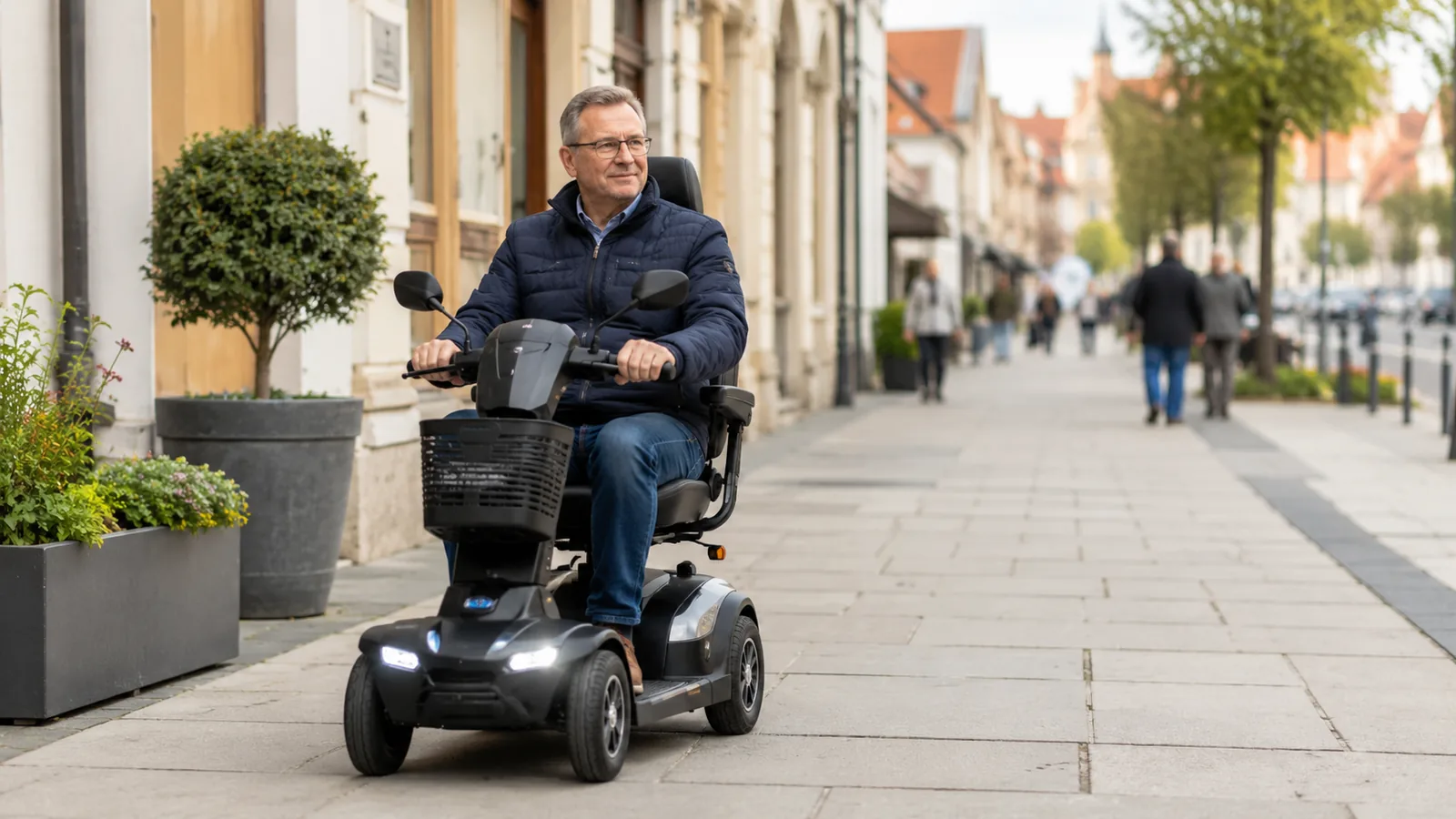 Person auf einsitzigem Elektromobil mit Spiegeln und Licht auf einem Gehweg in der Innenstadt