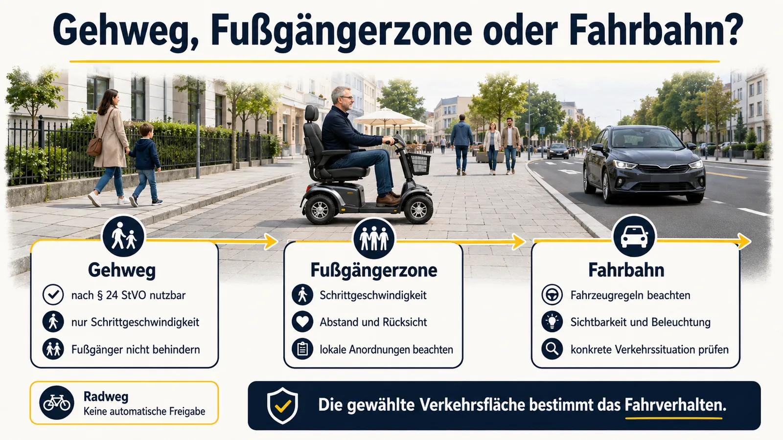 Infografik: Gehweg, Fußgängerzone oder Fahrbahn beim Krankenfahrstuhl – Schrittgeschwindigkeit, Rücksicht, Radweg ohne automatische Freigabe