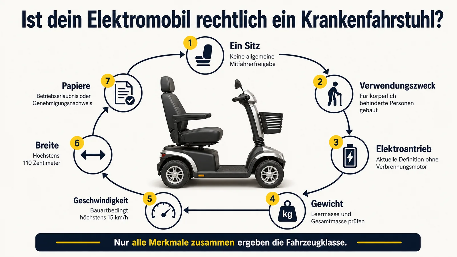 Infografik: Ist dein Elektromobil ein Krankenfahrstuhl – ein Sitz, Verwendungszweck, Elektroantrieb, Gewicht, 15 km/h, 110 cm, Papiere