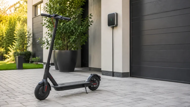 Schwarzer E-Scooter auf sauberem Hof neben Wand-Ladestation, ruhige Ladesituation ohne offene Kabel