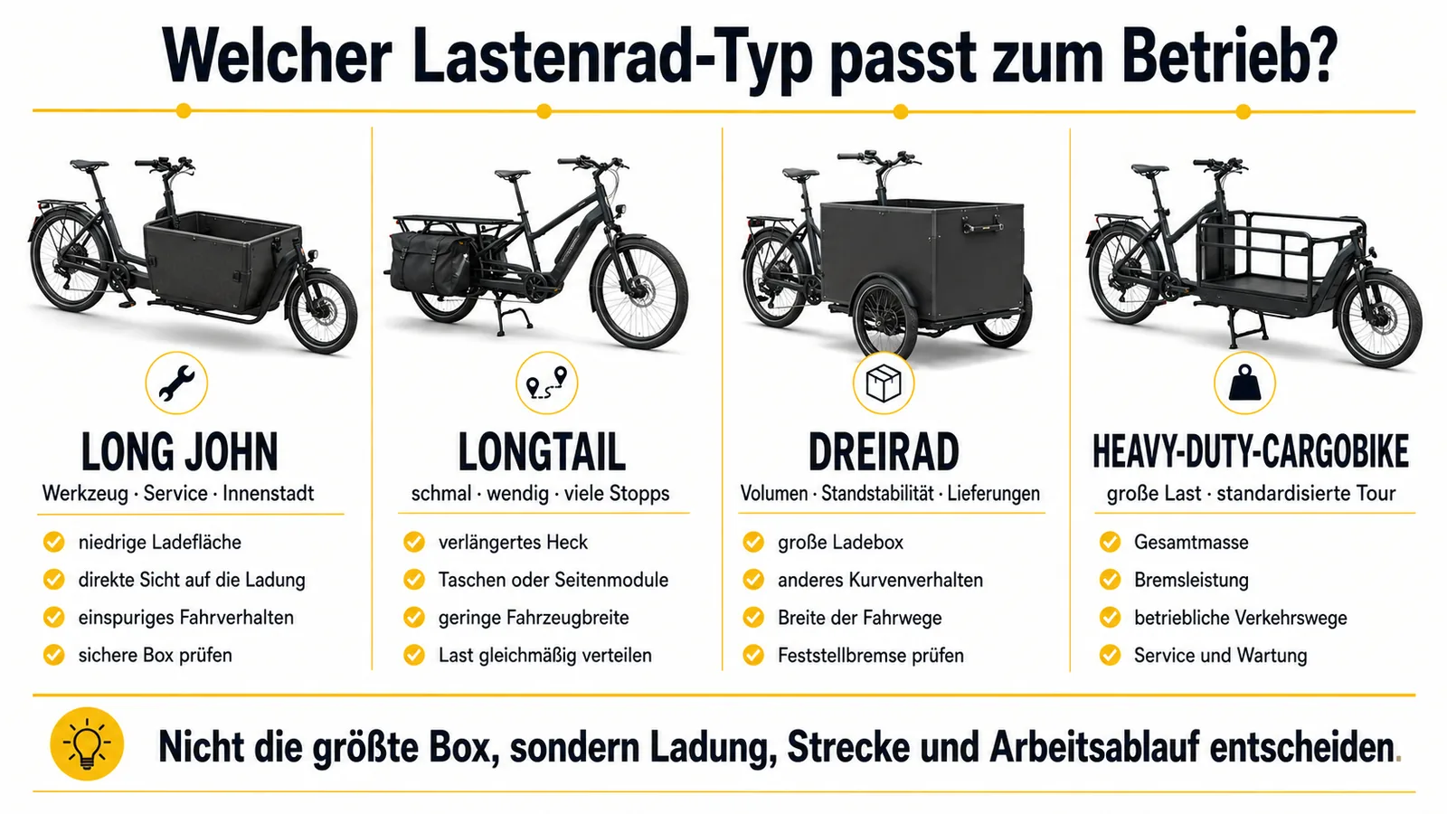 Vergleich von Long John, Longtail, dreirädrigem Lastenrad und Heavy-Duty-Cargobike für Gewerbebetriebe